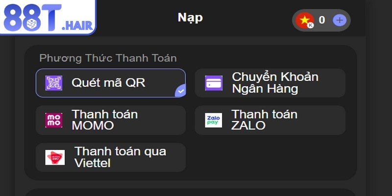 Các phương thức nạp tiền 88T hiện có 
